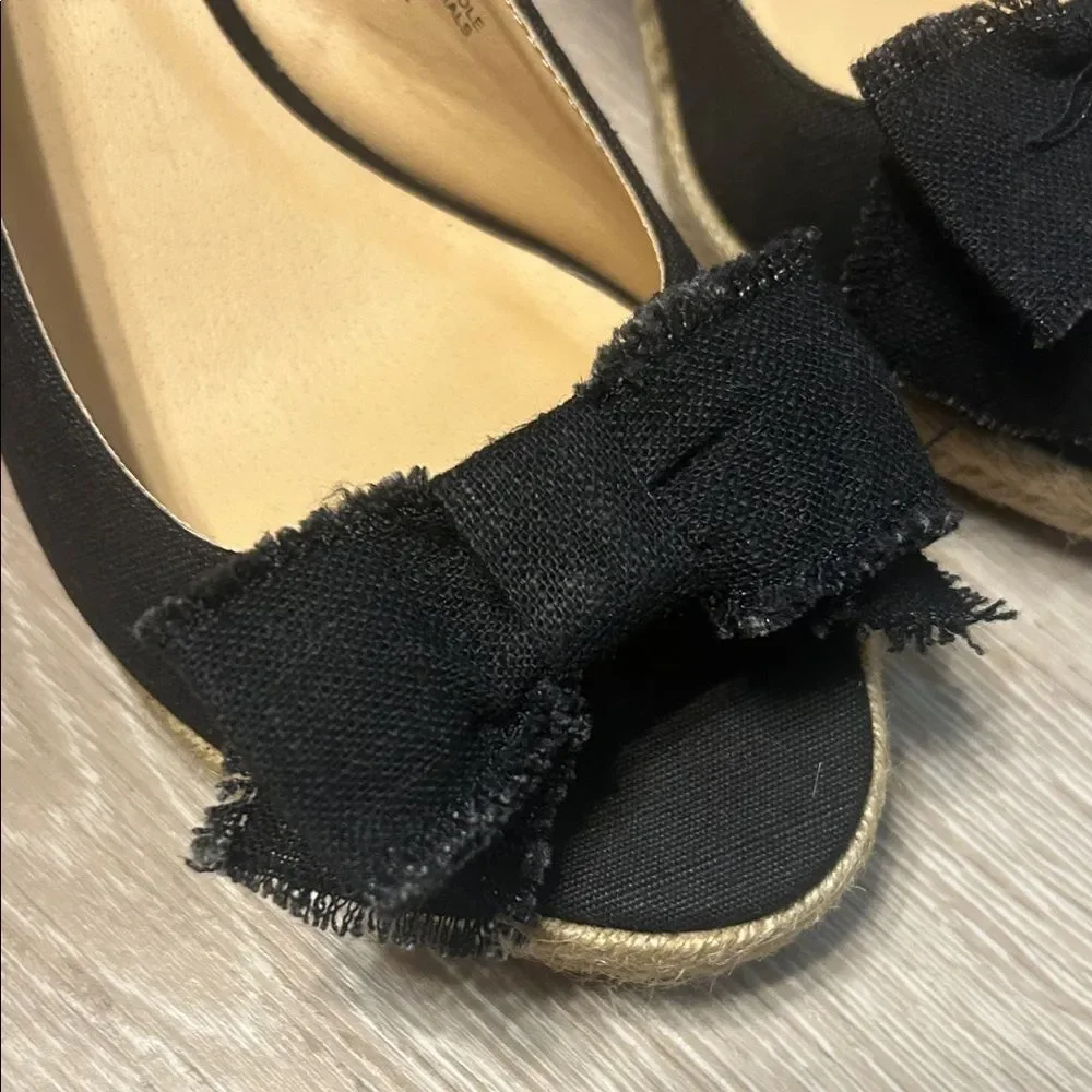 Rampage Dezie Wedge Slingbacks Raw Edge Black Linen Bows Espadrilles Sz 7